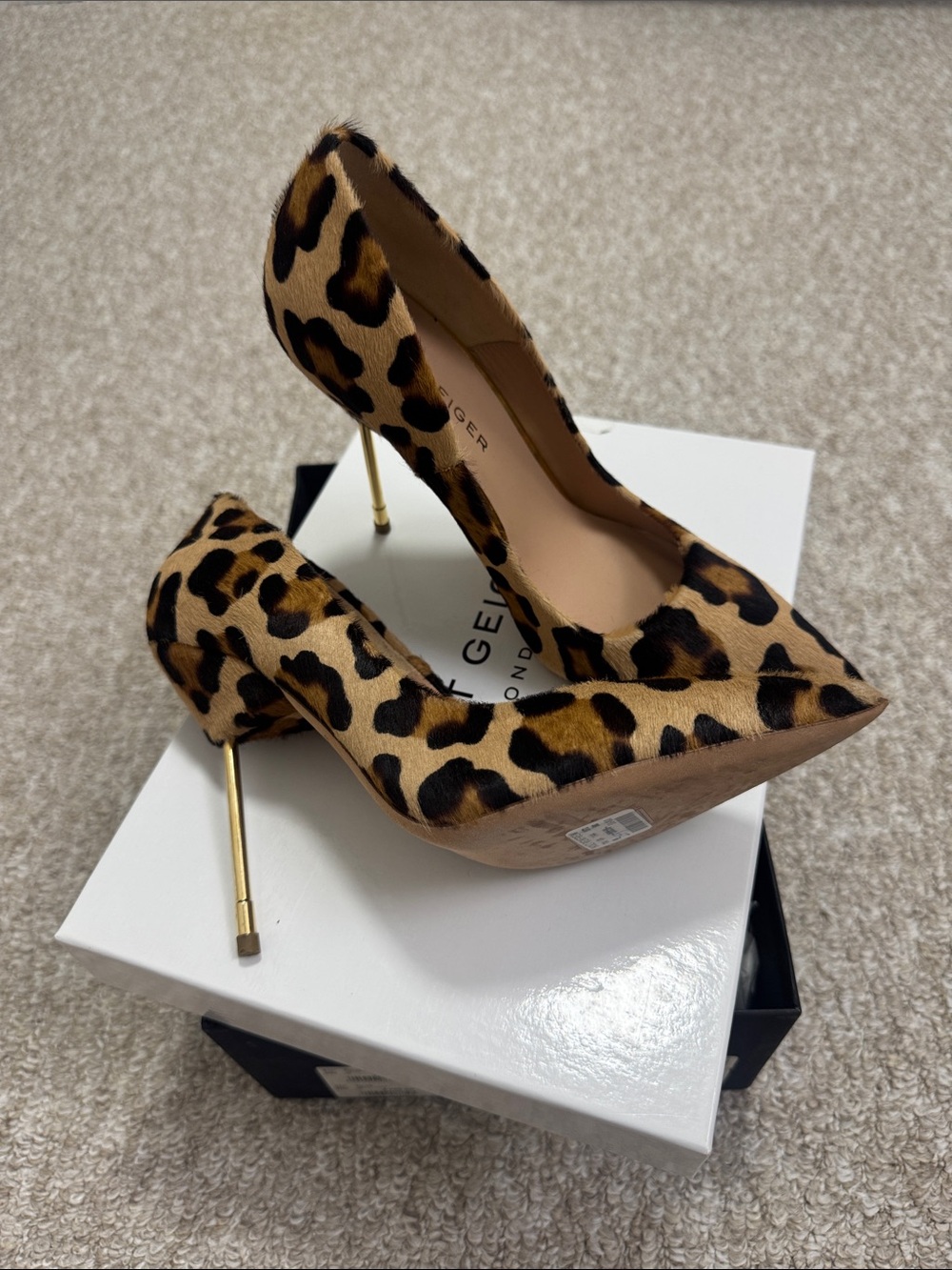 Kurt Geiger Leopard Print Pointed Toe Pumps with Gold Stiletto Heel